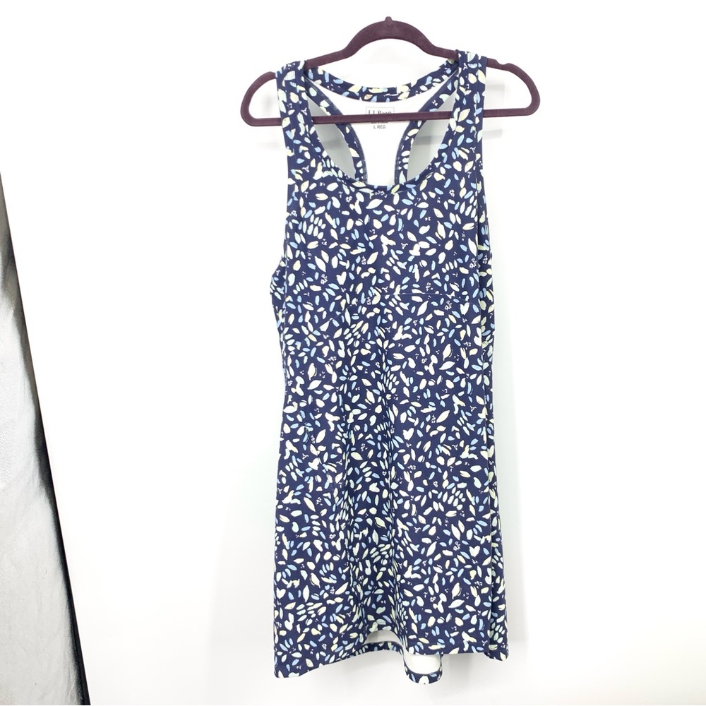 LL Bean Women Size Large Dress Racerback Blue Yellow Printed Stretch Quick Dry